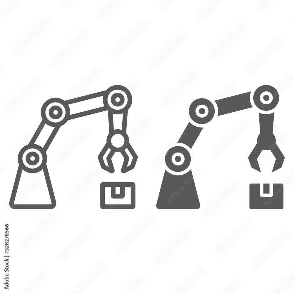 Robotic arm line and glyph icon, technology and machine, mechanical arm sign, vector graphics, a linear pattern on a white background, eps 10. Robotic arm line and glyph icon, technology and machine, mechanical arm sign, vector graphics, a linear pattern on a white background, eps 10.