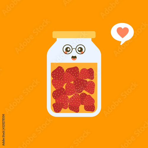 kawaii and cute strawberry in jar. Canned fruits. Tinned goods product stuff, preserved food, supplied in a sealed can. Isolated. Vector flat illustration.  Flat design style for your mascot branding.