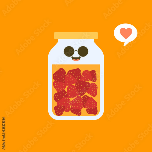 kawaii and cute strawberry in jar. Canned fruits. Tinned goods product stuff, preserved food, supplied in a sealed can. Isolated. Vector flat illustration.  Flat design style for your mascot branding.