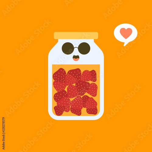 kawaii and cute strawberry in jar. Canned fruits. Tinned goods product stuff, preserved food, supplied in a sealed can. Isolated. Vector flat illustration.  Flat design style for your mascot branding.