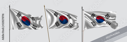 Set of South Korea waving flag on isolated background vector illustration