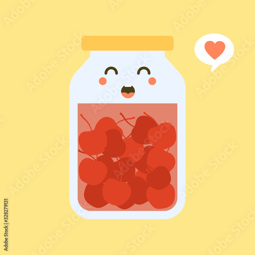 kawaii and cute cherry in jar. Canned fruits. Tinned goods product stuff, preserved food, supplied in a sealed can. Isolated. Vector flat illustration.  Flat design style for your mascot branding.