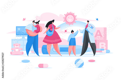 Happy parents and kids in pediatrician office. Flat illustration