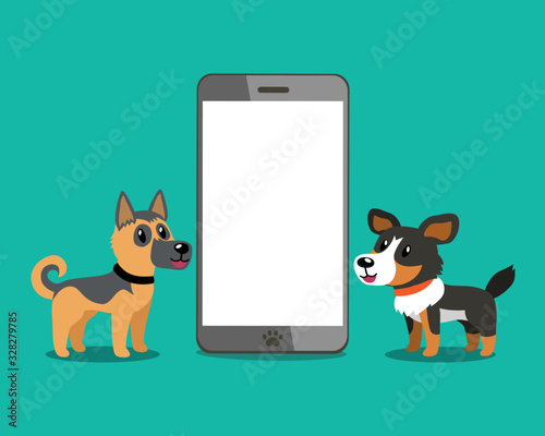 Cartoon character cute german shepherd and american shepherd dog with smartphone for design.