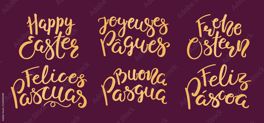 Set of hand written lettering quotes Happy Easter in English, Italian, Spanish, Portuguese, German, French. Isolated gold on purple. Vector illustration. Flat style design. Concept, element for card.