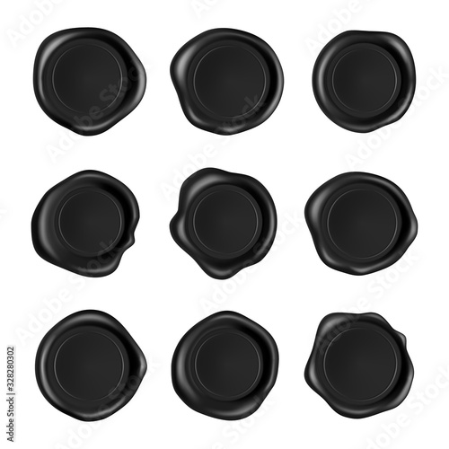 Wax seal collection. Black stamp wax seal set isolated on white background. Realistic guaranteed black stamps. Realistic 3d vector