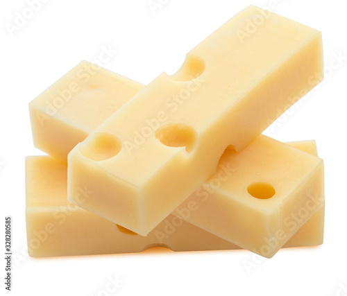Portions (strips) of Emmental Swiss cheese. Texture of holes and alveoli. Isolated on white background