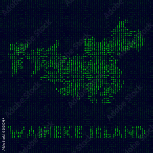 Digital Waiheke Island logo. Island symbol in hacker style. Binary code map of Waiheke Island with island name. Vibrant vector illustration.