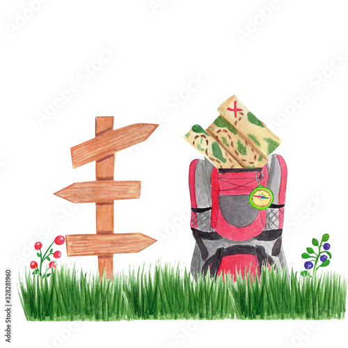 Camping composition of red backpack with map near the wooden pointer of the path