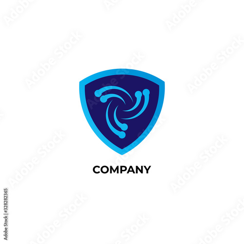 Blue Shield sign illustration with vortex icon inside. Logo Design Template. DIsaster Guard Logo Concept isolated on white background