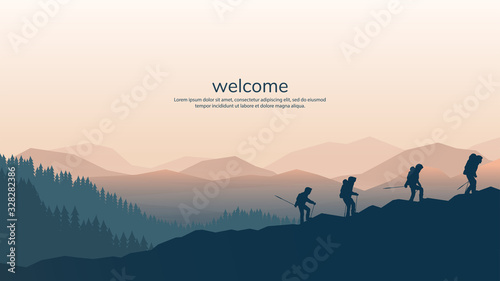 Vector background with tourists. Travel concept of discovering, exploring and observing nature. Hiking. Travelers climb with backpack and travel walking sticks. Website template. Flat landscape