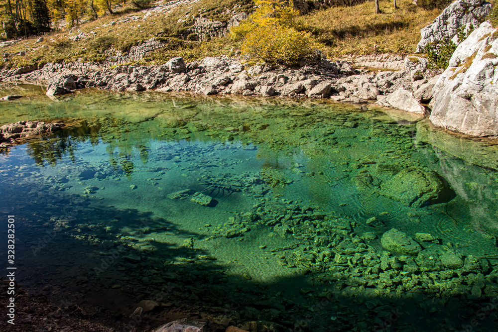 Green watercolor of mountain lake at Seven lakes, Bohinj