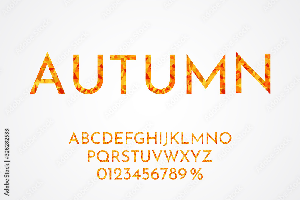 Vector illustration. Minimalistic font. Low poly style. Polygonal style. Autumn concept. Color of fallen leaves: orange, yellow, red. Letter from triangular shapes. Abstract lettering for design Vector illustration. Minimalistic font. Low poly style. Polygonal style. Autumn concept. Color of fallen leaves: orange, yellow, red. Letter from triangular shapes. Abstract lettering for design