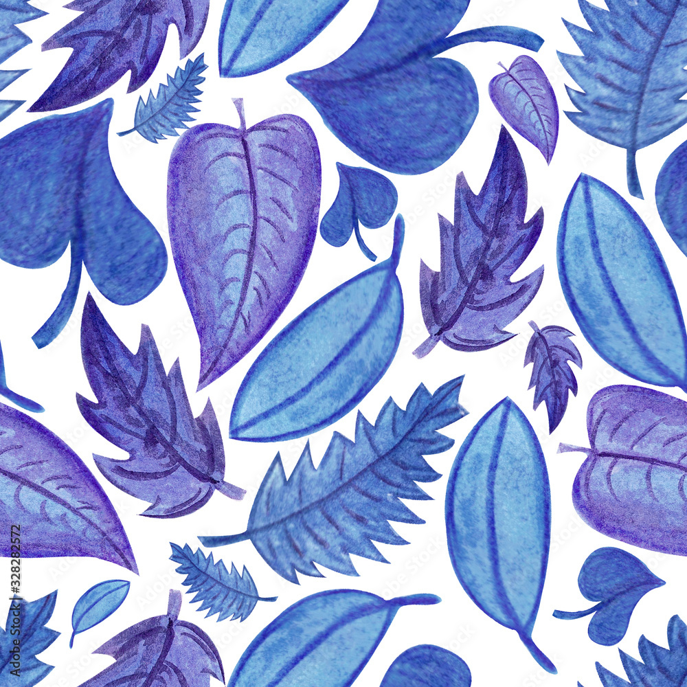 Seamless pattern with pantone blue leaves. Watercolor hand drawn illustrations. Decoration for print, bed textile