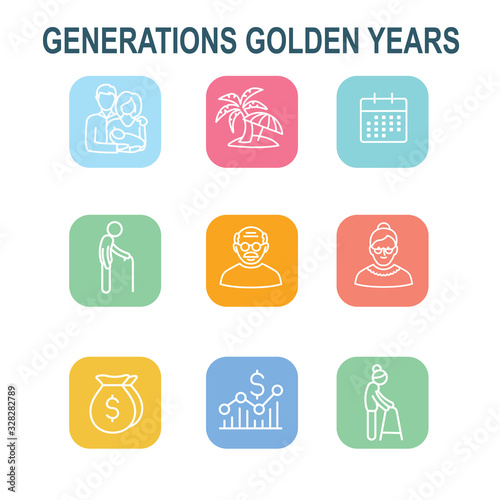 Generations - Golden Years Icon Set with retirement calendar   money  etc