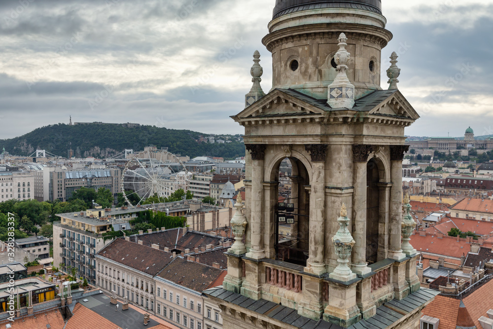 Aerial city view from Saint Stephen's Basilica in Budapest, Hungary