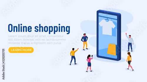 Online Shopping Promotion. Smartphone app and People Characters around. Internet commerce Concept.