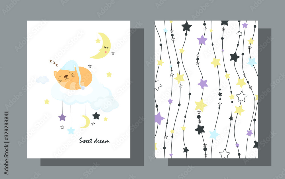 Postcards for sleep a cat in a hat sleeps on a cloud. Children's backgrounds with clouds, stars and the Moon