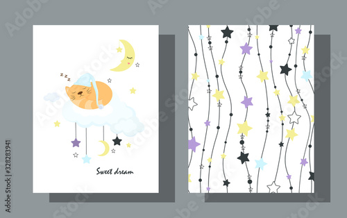 Postcards for sleep a cat in a hat sleeps on a cloud. Children's backgrounds with clouds, stars and the Moon
