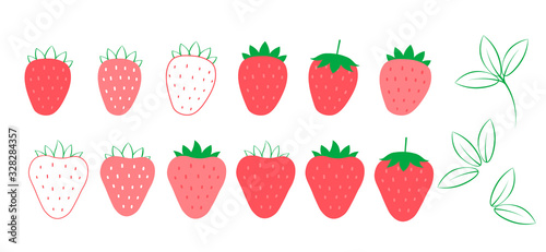 Vector set of stylized strawberries and leaves isolated on a white background
