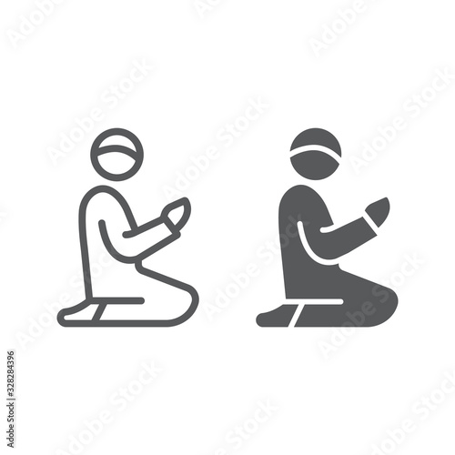 Islamic Prayer line and glyph icon, ramadan and islam, muslim man praying sign, vector graphics, a linear pattern on a white background, eps 10.