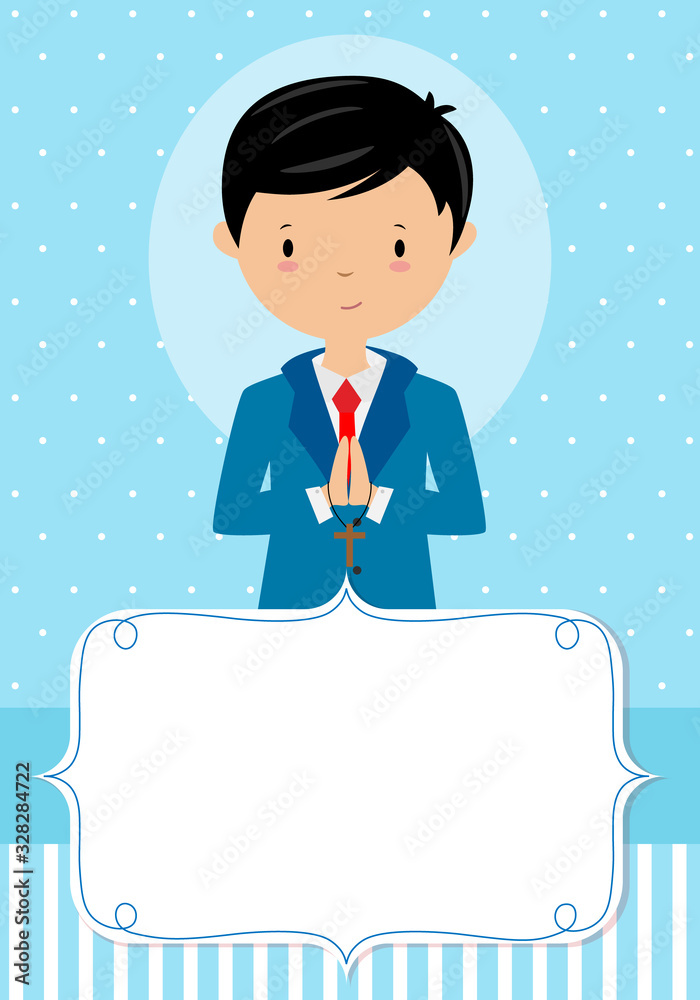 First communion card. Praying boy Frame with space for text First communion card. Praying boy Frame with space for text