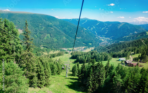 Panoramic view with cable cars in mountain and blue sky in Bad Kleinkirchheim of Austria