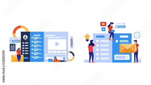 Set bundle of people play social media and watch live streaming. Element design with lifestyle or business concept for website development or social media advertising.