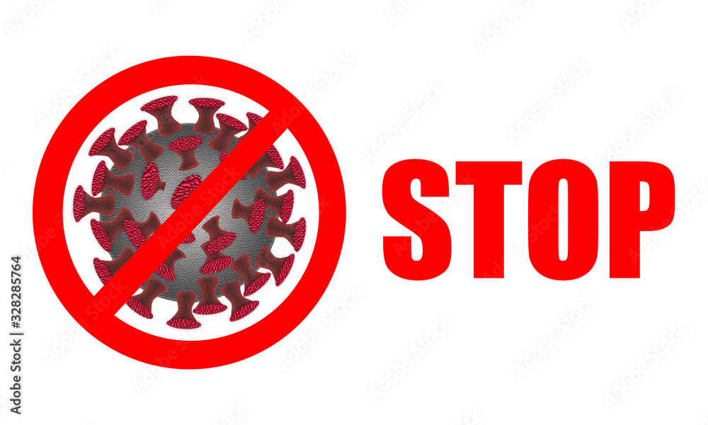 Coronavirus. Stop Coronavirus, stop sign and text on white background. Coronaviruses influenza background as dangerous flu strain cases as a pandemic medical health risk concept with disease cells as - obrazy, fototapety, plakaty 