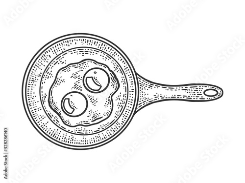 eggs are fried in a pan sketch engraving vector illustration. T-shirt apparel print design. Scratch board imitation. Black and white hand drawn image.