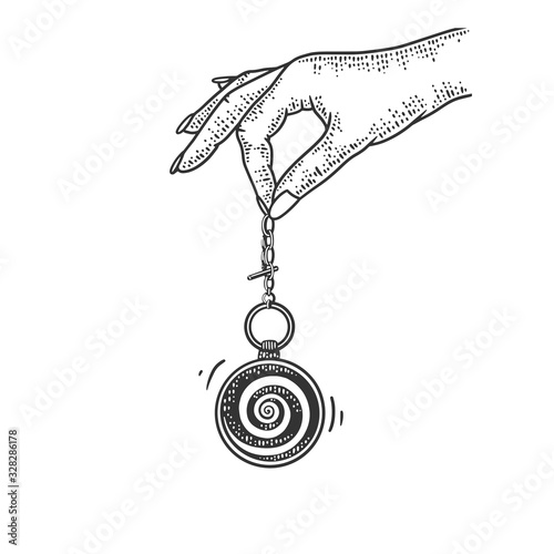 hypnotist pendulum in hand sketch engraving vector illustration. T-shirt apparel print design. Scratch board imitation. Black and white hand drawn image. photo