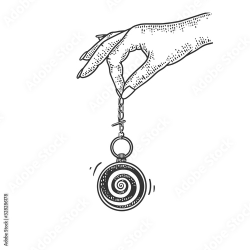 hypnotist pendulum in hand sketch engraving vector illustration. T-shirt apparel print design. Scratch board imitation. Black and white hand drawn image.