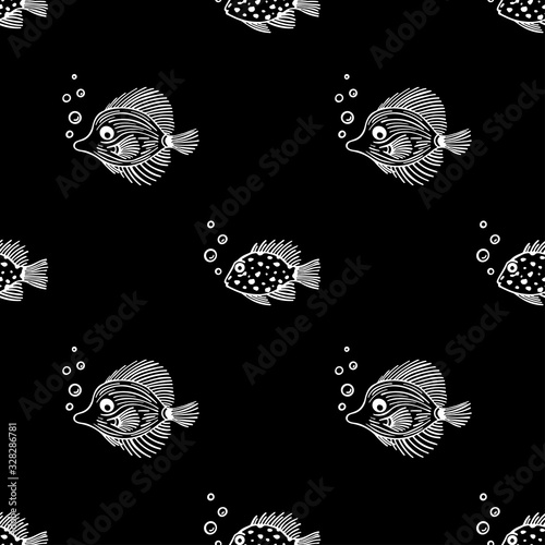 Seamless pattern with fish on black background. Trendy Sea pattern with fish and bubbles. Design use for aquarium shops, seaquarium, fish market and shop. For textile, wrapping, scrapbooking