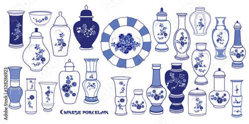 . Blue and  White Chinese Porcelain Vases set. Collection of antique objects of various shapes. Vector illustration.