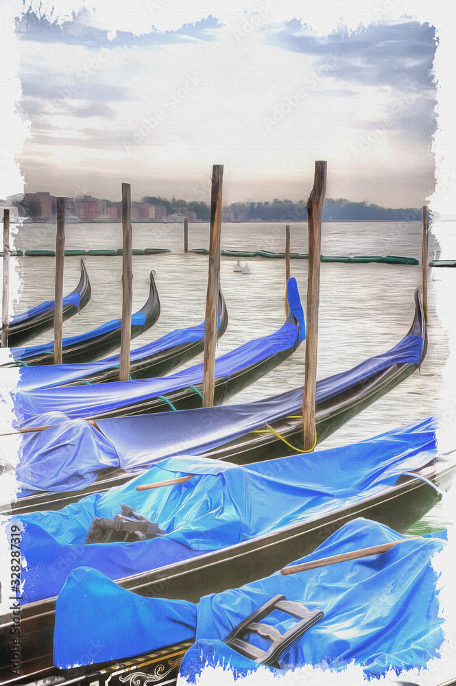 Imitation of a picture. Oil paint. Illustration. Venice. Italy. Gondolas