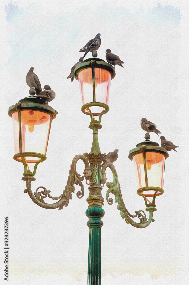 Imitation of a picture. Oil paint. Illustration. Pigeons on an old lamp
