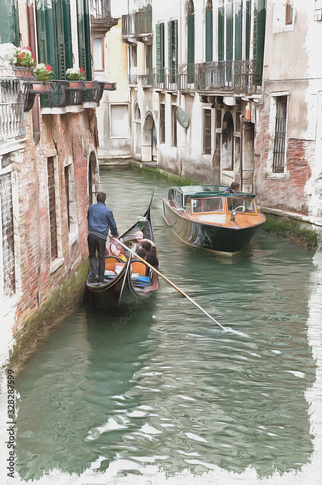 Imitation of a picture. Oil paint. Illustration. Gondolas and gondoliers. Venice. Italy