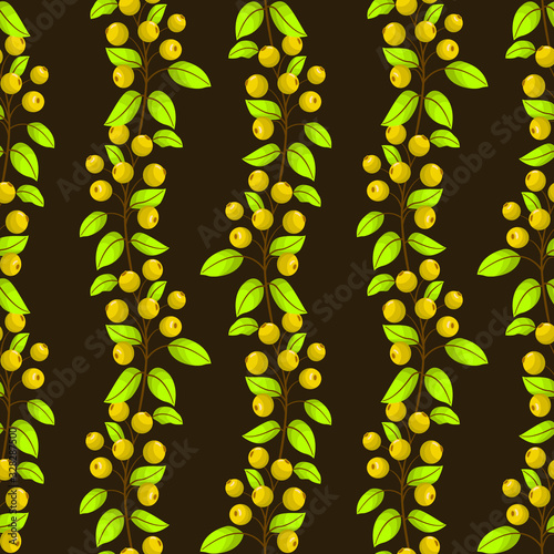 Vector seamless pattern with vertical yellow rowanberry twigs on brown background; natural design for fabric, wallpaper, wrapping paper, packaging, textile, web design.