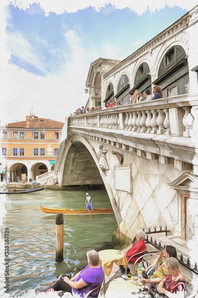 Imitation of a picture. Oil paint. Illustration. Bridge of Rialto. Venice. Italy