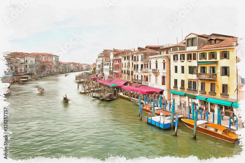 Fototapeta Naklejka Na Ścianę i Meble -  Imitation of a picture. Oil paint. Illustration. Embankment of Grand Canal. Venice. Italy
