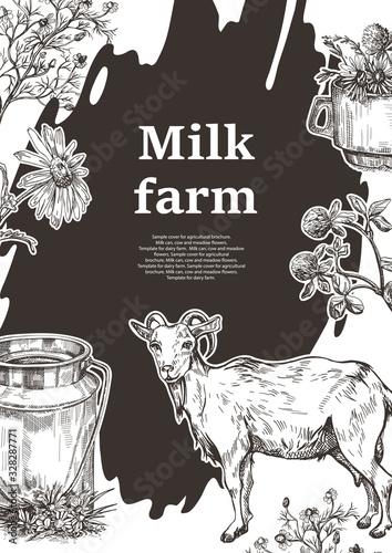 Goat and wildflowers in the style of a sketch. Template for dairy farm.