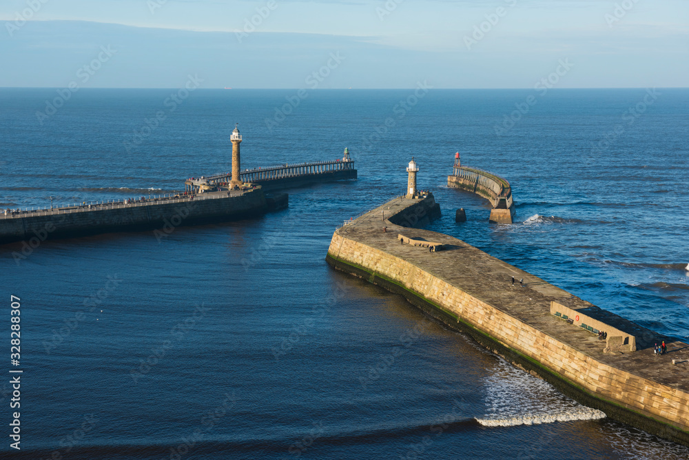 Aerial view of harbour entrance with wall