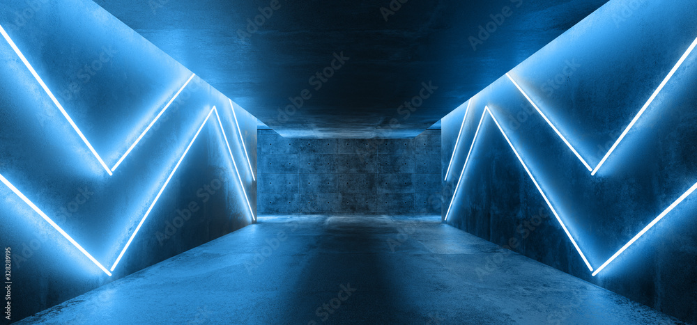 Fototapeta premium Neon Glowing Sci Fi Modern Futuristic Empty Dark Grunge Concrete With Space For Text And Glowing Classic Pantone Blue Neon Lines Abstract Background 3D Rendering