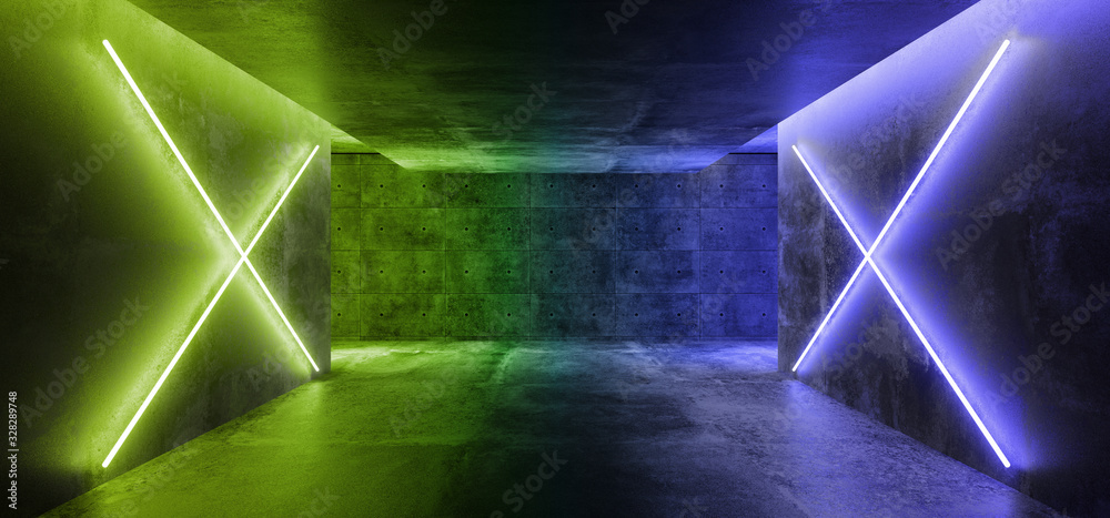 Modern Futuristic Sci Fi Concept Club Background Grunge Concrete Empty Dark Room With Neon Glowing Green Pantone Classic Blue Neon Lights 3D Rendering