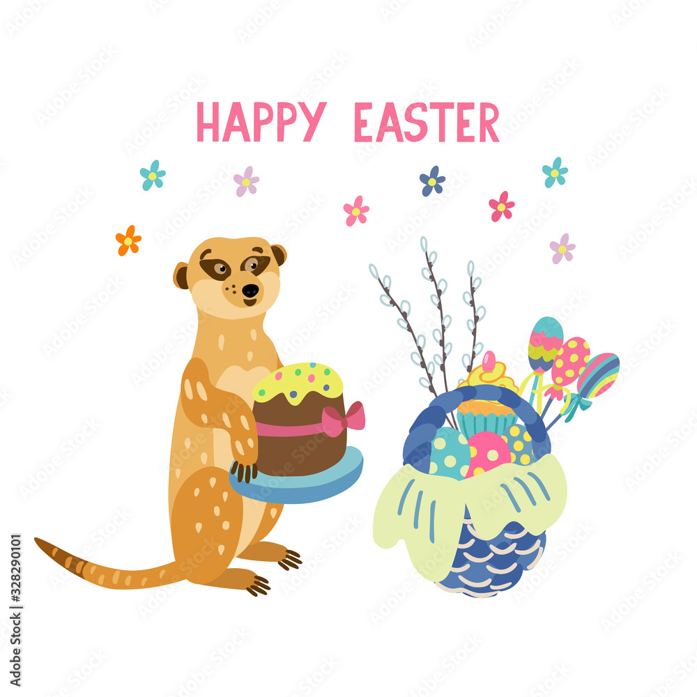 Naklejka premium Greeting card with adorable meerkat holding Easter cake. Wicker basket full of colorful eggs, lollipops, willow twigs. Happy Easter lettering. Vector hand drawn illustration isolated on white.