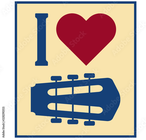 Music typography poster with heart and guitar headstock. i love music. artwork for wear. vector illustration on light background