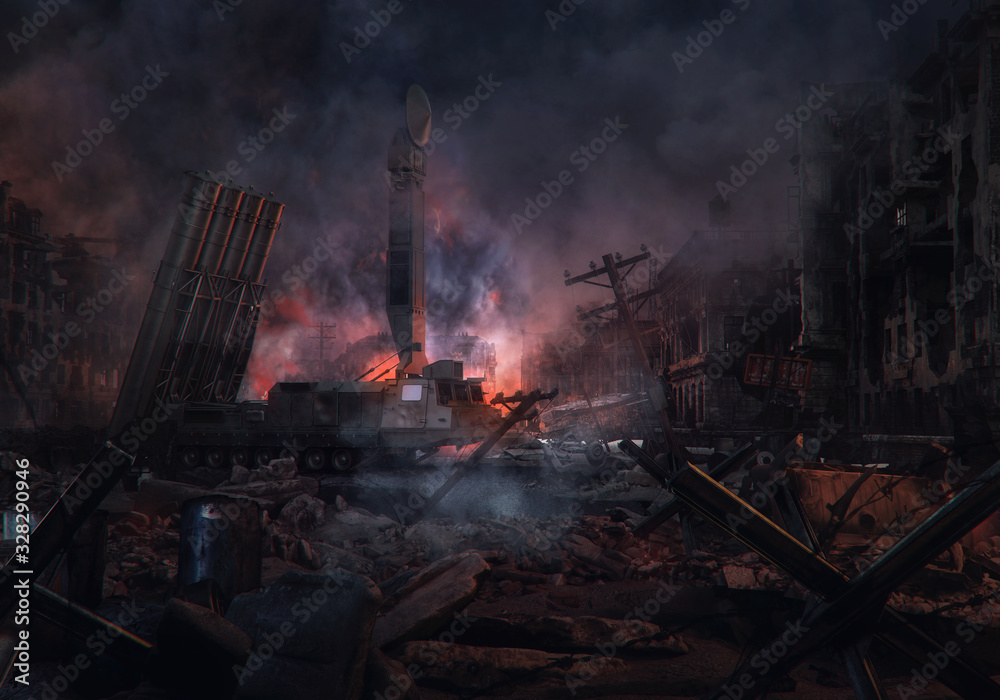 Buildings on the street destroyed by  war conflict clashes. Ruined abandoned city after war battle attack. Russia, Turkey, Syria military forces confrontation. Peace and stop war escalation 3D concept - obrazy, fototapety, plakaty 