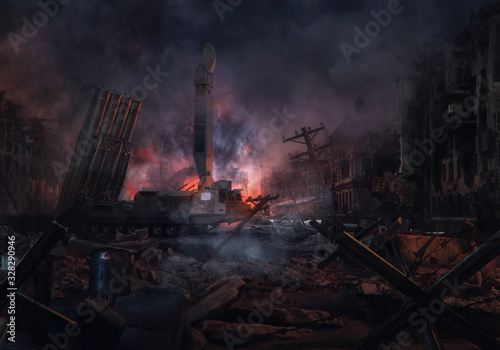 Buildings on the street destroyed by  war conflict clashes. Ruined abandoned city after war battle attack. Russia, Turkey, Syria military forces confrontation. Peace and stop war escalation 3D concept photo