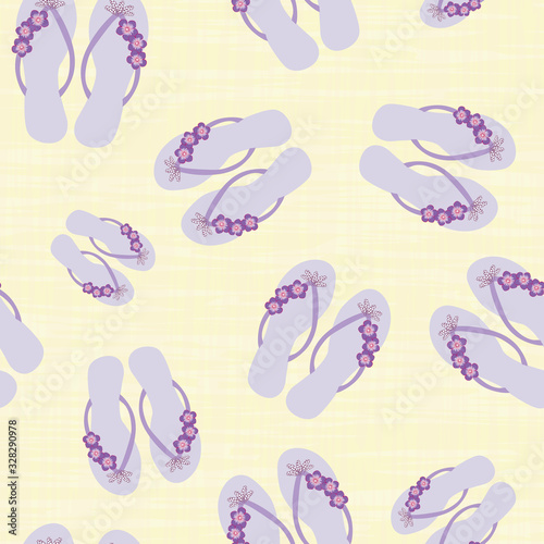 Flip flop shoe on seamless vector pattern background. Pretty sandals with tropical flower decoration beach wedding backdrop. Pastel purple and gold. Summer all over print for tropical resort concept.