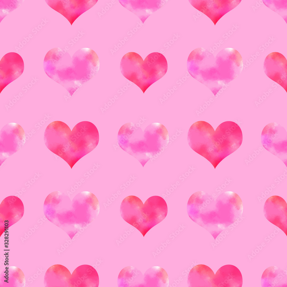 Lovely seamless pattern with pink watercolor hearts on the light pink background. Sweet ornament for packaging, wrapping paper, scrapbook, banner, textile